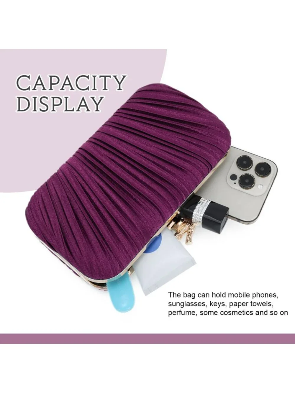 👜 Women's Purple Evening Bag Pleated Clutch Bag with Chain for Wedding Party